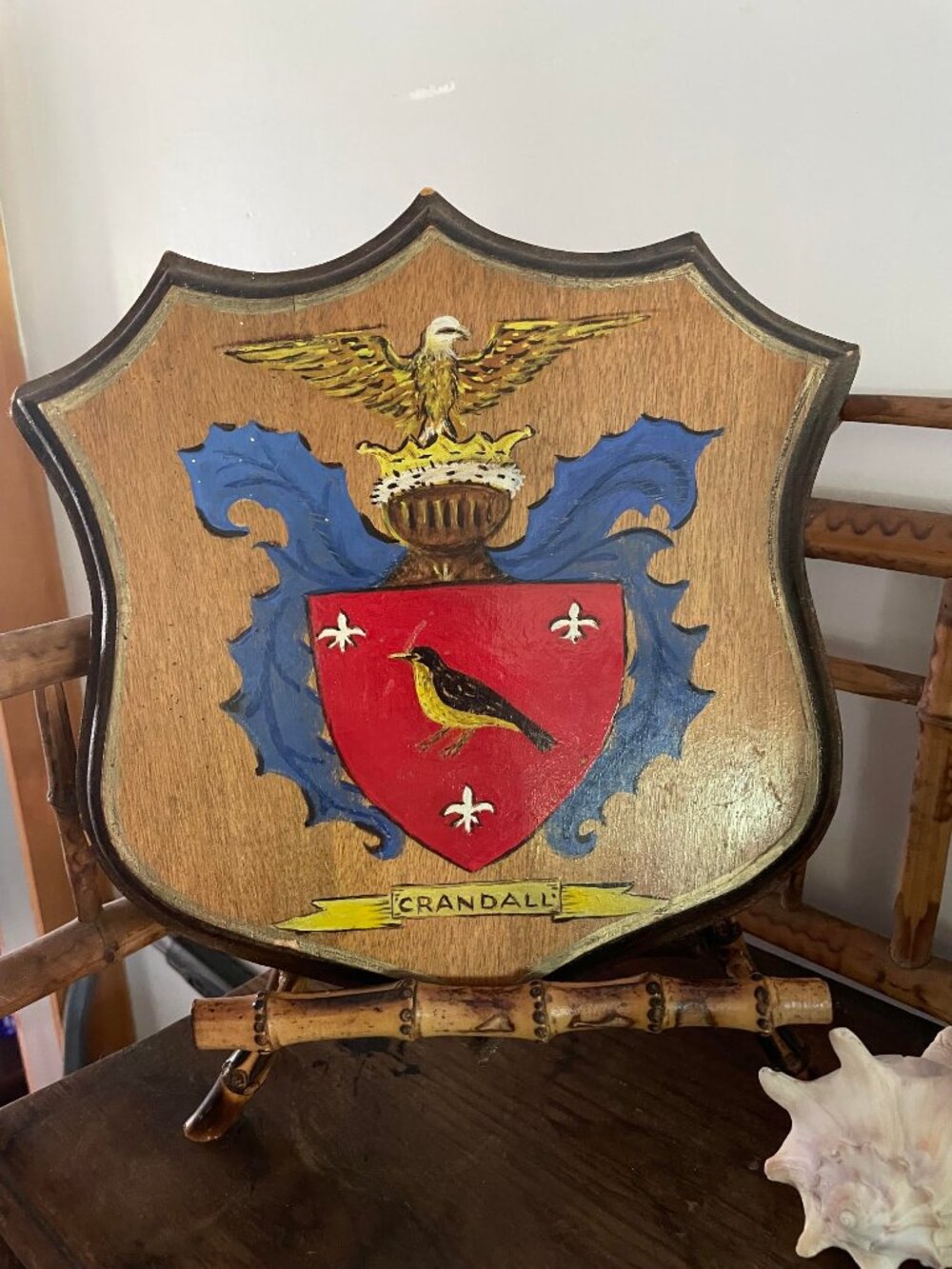 Vintage Crandall Family Crest Wooden Shield Plaque | Hand-Painted Coat of Arms